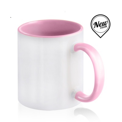 Caneca branca com interior e pega rosa e etiqueta New COLOR