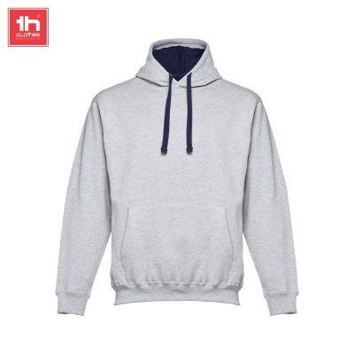 Sweatshirt cinzento claro com capuz e cordões azuis escuros
