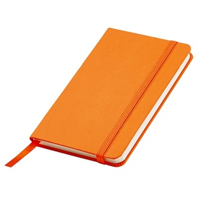 Caderno de capa dura laranja com elástico e marcador