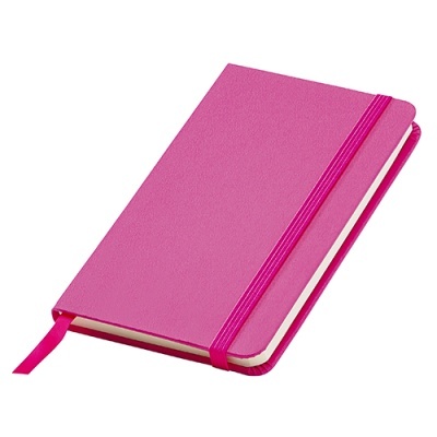 Caderno com capa rígida rosa e fecho elástico
