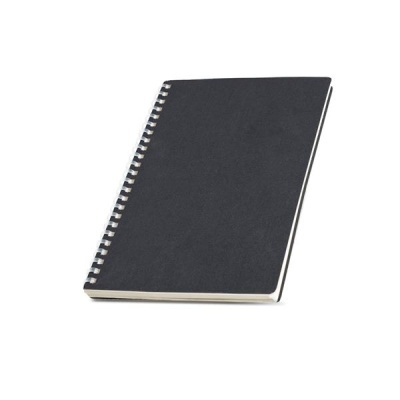 Caderno preto com espiral metálica sobre fundo branco