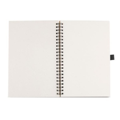 Caderno aberto com espiral e suporte para caneta