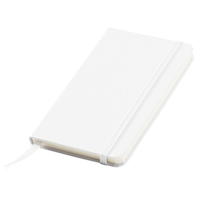 Caderno branco com capa dura, elástico e marcador de fita