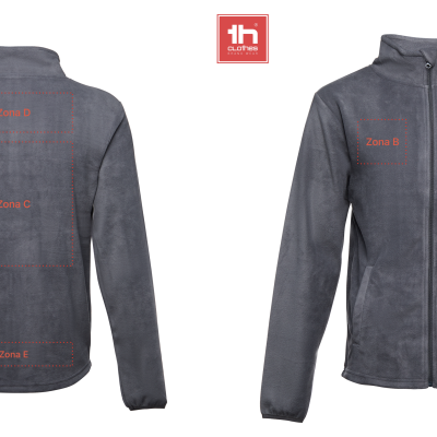 Casaco polar cinza escuro com fecho zip e áreas destacadas para personalização