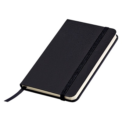 Caderno preto com elástico e marcador de páginas