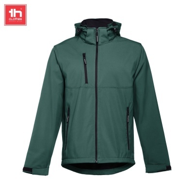 Casaco softshell verde escuro com fechos zip pretos e capuz