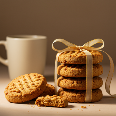 Bolachas douradas empilhadas com fita e caneca bege ao fundo
