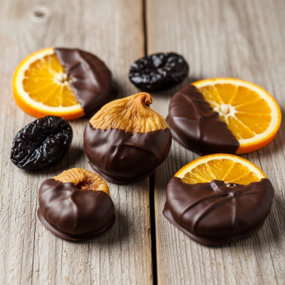 Fatias de laranja e figos secos cobertos com chocolate sobre madeira