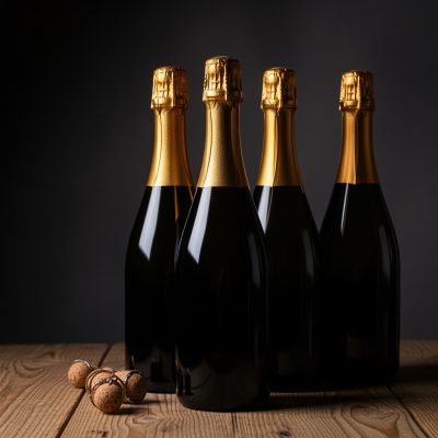 Quatro garrafas de champanhe com cápsulas douradas em superfície de madeira