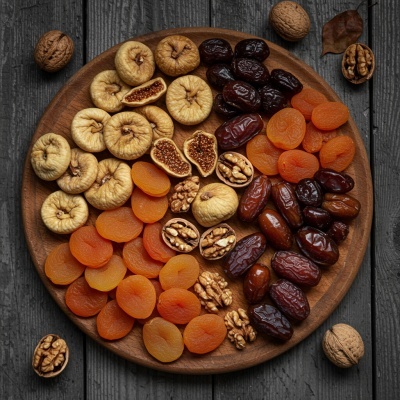 Prato de madeira com frutos secos variados organizados em seções sobre mesa escura