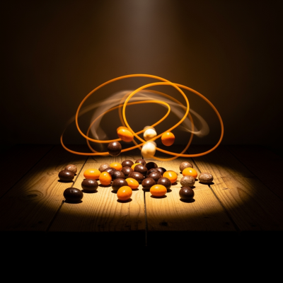 Balas de chocolate e caramelos com corda laranja a criar padrões circulares