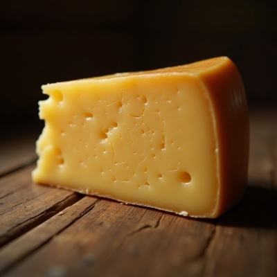 Queijo amarelo com pequenos buracos sobre madeira rústica