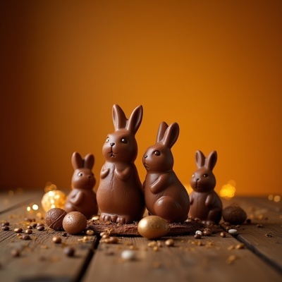 Quatro coelhos de chocolate e ovos sobre mesa de madeira com fundo laranja.