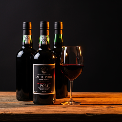 Três garrafas de vinho do Porto e um copo com vinho tinto sobre madeira