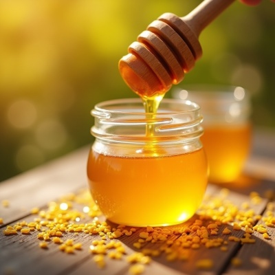 Frasco de mel dourado com colher de madeira e flores amarelas numa superfície de madeira