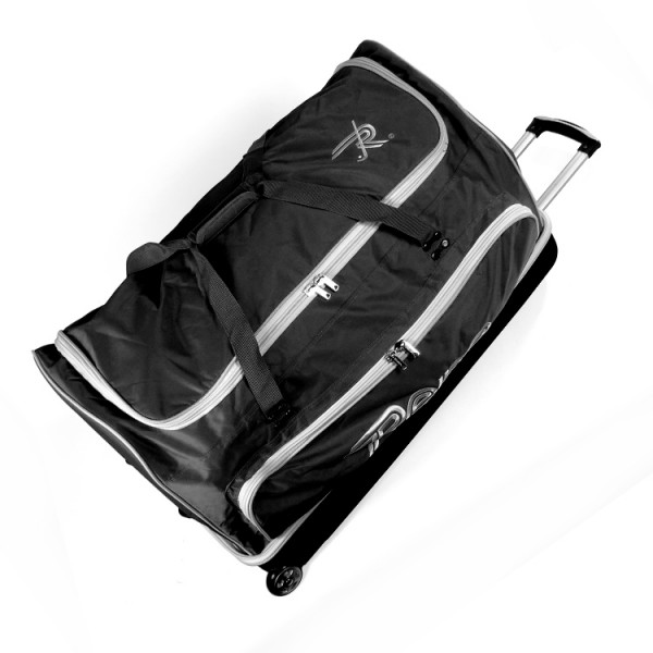 Mala de viagem preta com rodas e fechos brancos
