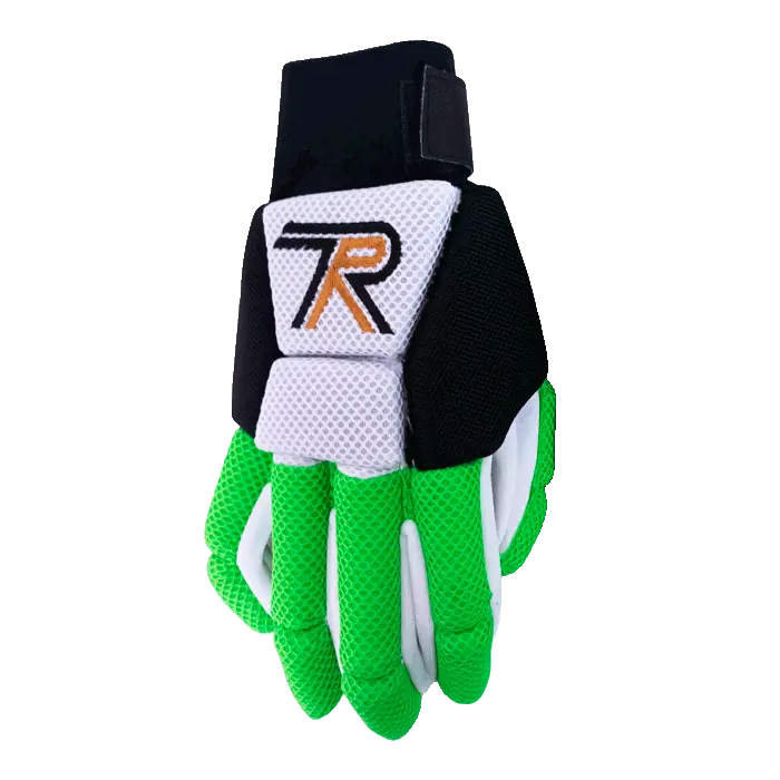 Luvas desportivas verdes, brancas e pretas com logótipo 7R no pulso