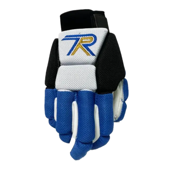 Luva desportiva azul, branca e preta com logótipo TR