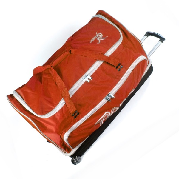 Mala de viagem vermelha com rodas e puxador telescópico