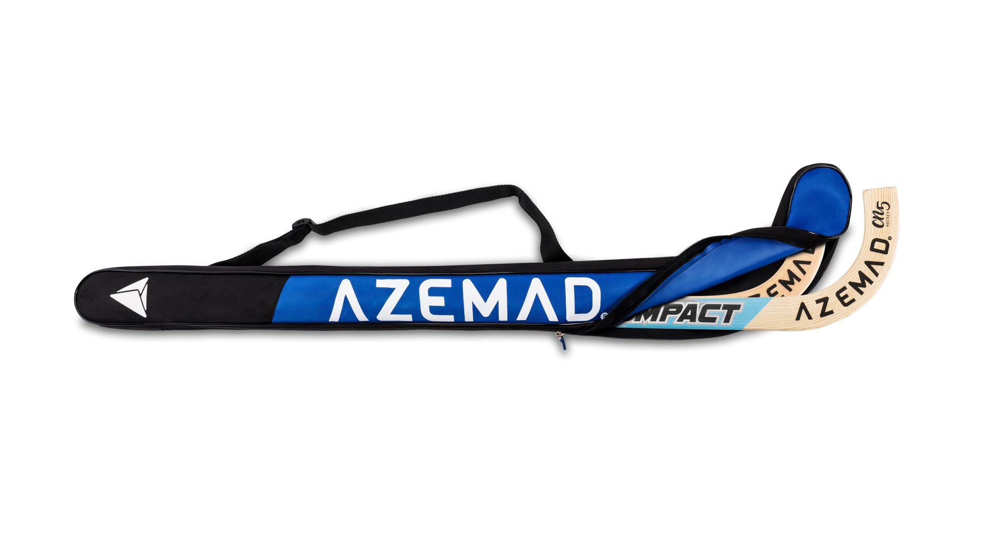Capa azul e preta para stick de hóquei com alça e texto AZEMAD IMPACT