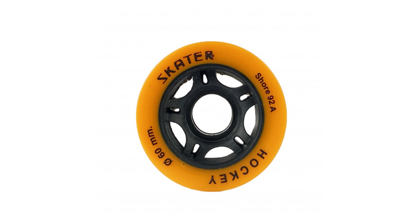 Roda de skate laranja com aro preto e inscrições pretas