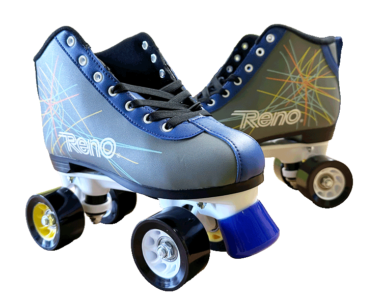 Par de patins de rodas azul e preto com padrão colorido e texto Reno