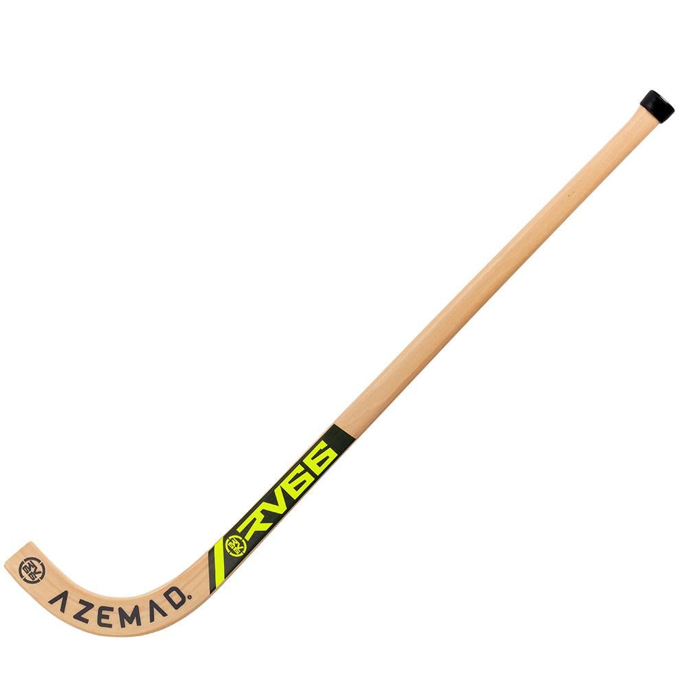 Stick de hóquei em madeira clara com punho preto e inscrições AZEMAD RV66