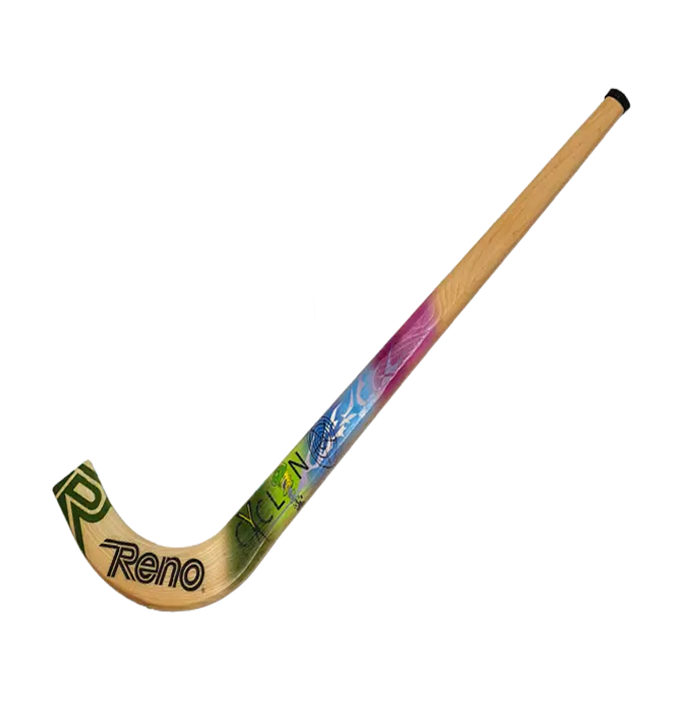 Stick de hóquei em madeira com pintura colorida e texto Reno Cyclone.