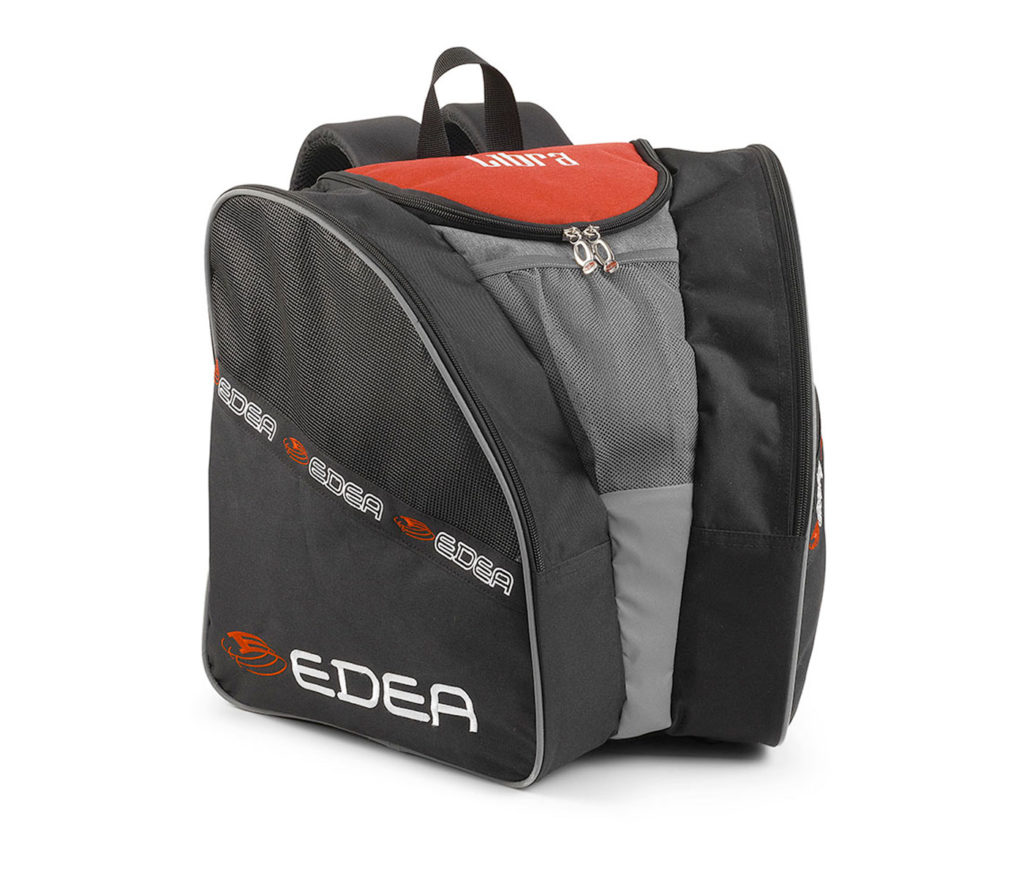 Mochila desportiva preta e cinza com detalhes em vermelho e logótipos EDEA.