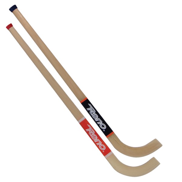 Dois sticks de hóquei de madeira com ponteiras coloridas e etiquetas Reno.