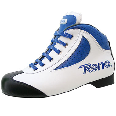 Tênis desportivo branco e azul com ponta preta e texto 'Reno.' na lateral