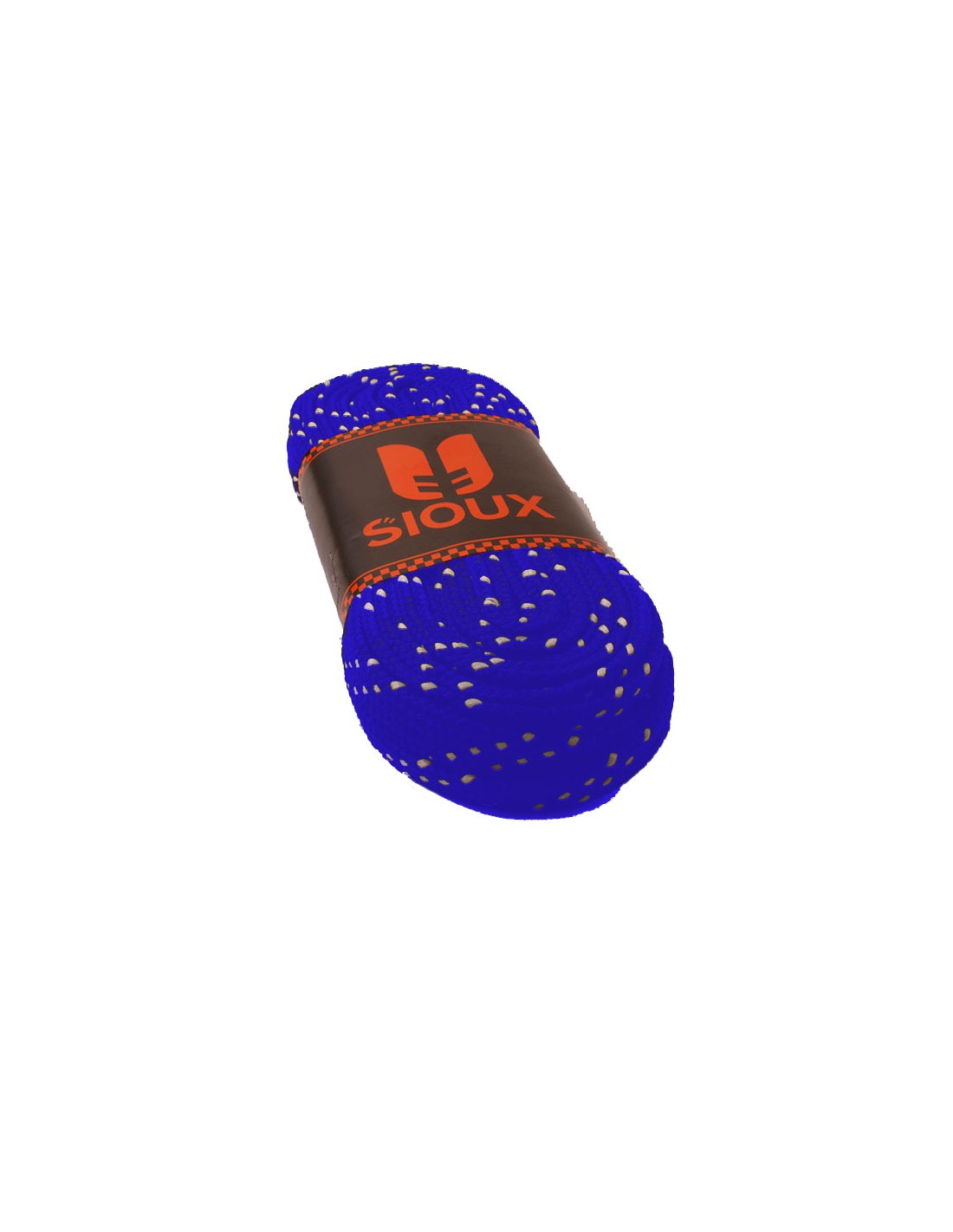 Novelo de fio azul com pontinhos brancos e etiqueta preta com texto laranja