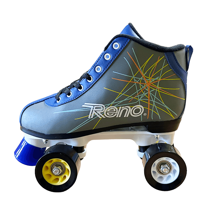 Patim cinza e azul com quatro rodas coloridas e estampa de linhas na lateral