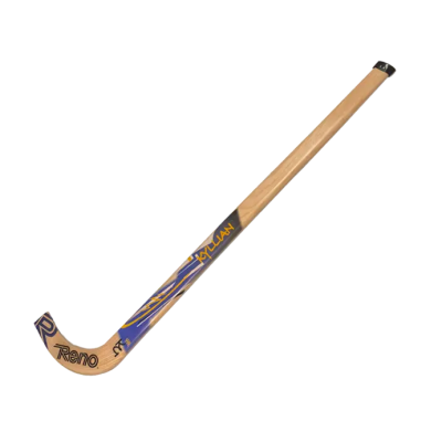 Pau de hóquei em patins de madeira clara com decoração azul e amarela e texto Reno e HAYLLAN