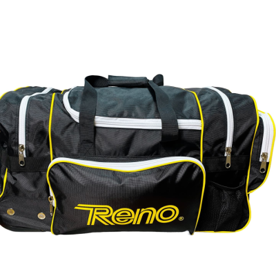 Mala desportiva preta com detalhes em amarelo e branco e logótipo Reno