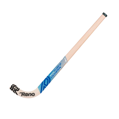 Taco de hóquei em madeira com cores claras e azuis e textos decorativos