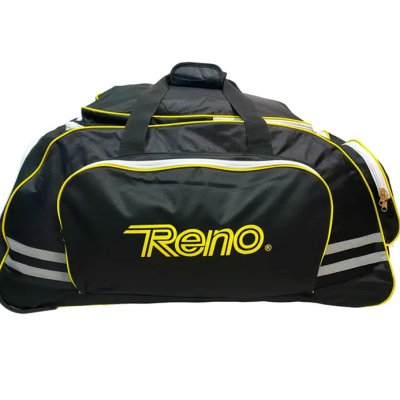Mala desporto preta com detalhes amarelos e cinzentos e logo Reno amarelo