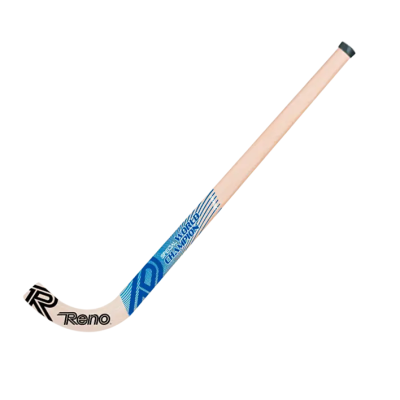 Pau de hóquei em patins de madeira com detalhes em azul e texto Reno e World Champion