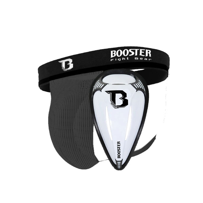 Coquilha Booster - G8 Protetor desportivo masculino preto e cinzento com suporte elástico e proteção rígida branca.