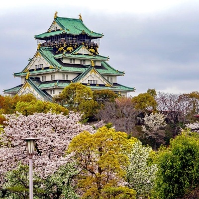 Castelo japonês com telhados verdes e árvores floridas ao redor