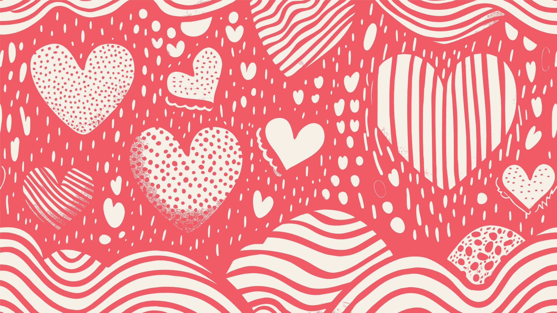 Padrão de corações creme com riscas e pontos sobre fundo rosa