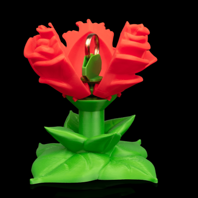 Suporte de flor vermelho e verde abrindo para mostrar anel dourado