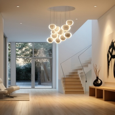 Interior moderno com escadaria, poltrona branca, quadro abstrato, banco de madeira e luminária com esferas