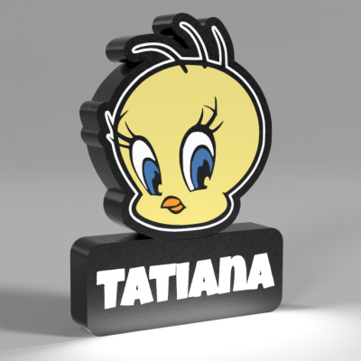 Objeto decorativo com personagem Tweety amarelo e nome TATIANA na base preta