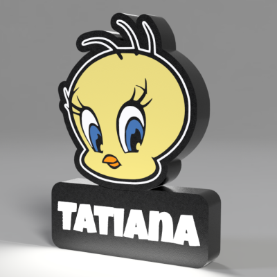 Figura em madeira do personagem Tweety com base preta e nome TATIANA branco