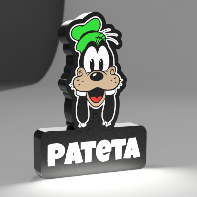 Suporte decorativo com o personagem Pateta e nome em preto e branco