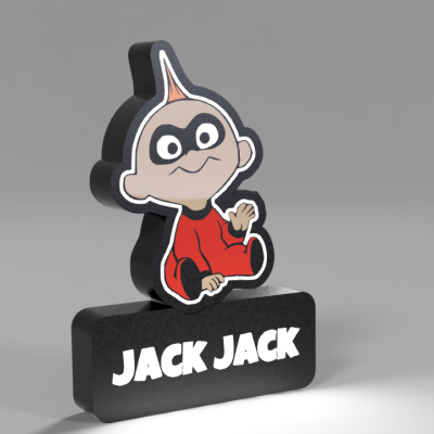 Estatueta do personagem Jack Jack com base preta e texto branco