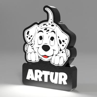 Objeto decorativo de cachorro com nome Artur em preto e branco