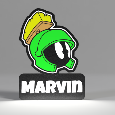 Emblema personagem desenho animado capacete verde texto MARVIN