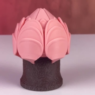 Caixa de flor cor de rosa com base marrom que abre as pétalas